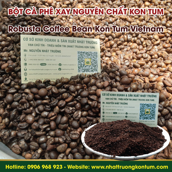 Cà Phê Robusta Đã Rang (Rang Củi - Than) Xay Nguyên Chất Nhật Trường Kon Tum (Robusta Hạt Sẻ) - Robusta Coffee Beans Powder - Túi 1kg